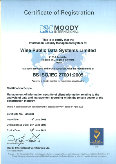 BS ISO/IEC27001：2005　認証登録証（拡大）