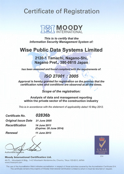 ISO 27001：2005　認証登録証（拡大）