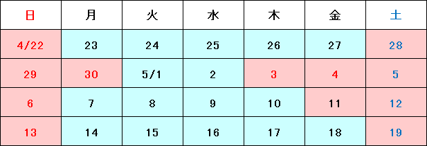 休業期間：2018年4月30日（月）, 2018年5月3日（木）～5月4日（金）, 2018年5月11日（金）