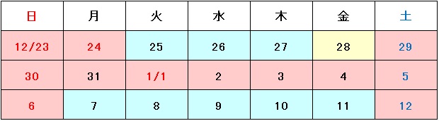 休業期間：2017年12月29日（土）～2018年1月6日（日）