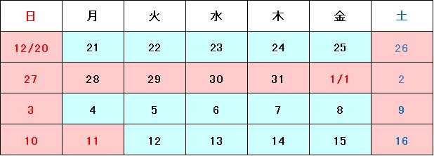 2020年12月26日（土）　～　2021年1月3日（日）